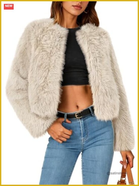 Jackets & Blazers - Faux Fur Cropped Jacket Women's Winter Fluffy Shaggy Open Front Long Sleeve
